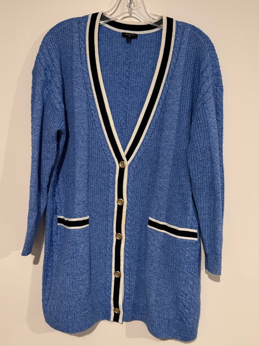 Talbots Plus Size X Blue Cable-Knit V-Neck Cardigan with Black and White Trim